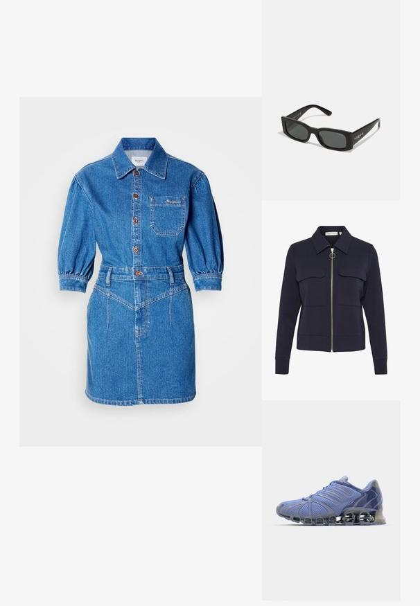 Mørkeblå lynlåsjakke fremstillet af blødt stof med krave, to forreste lommer og en rund lynlåsgreb. Glat tekstur og tætsiddende design.; Denim skjortekjole i blå med krave, pufærmer, knapper foran, en brystlomme og talje med bælte.; adidas Originals MEGA GHOSTRIDE W - Sneakers - blue spark/blue spark metallic/silver metallic; Sorte rektangulære solbriller med mørke linser. Har en glat plastikramme og "vogue"-branding på stængerne.
