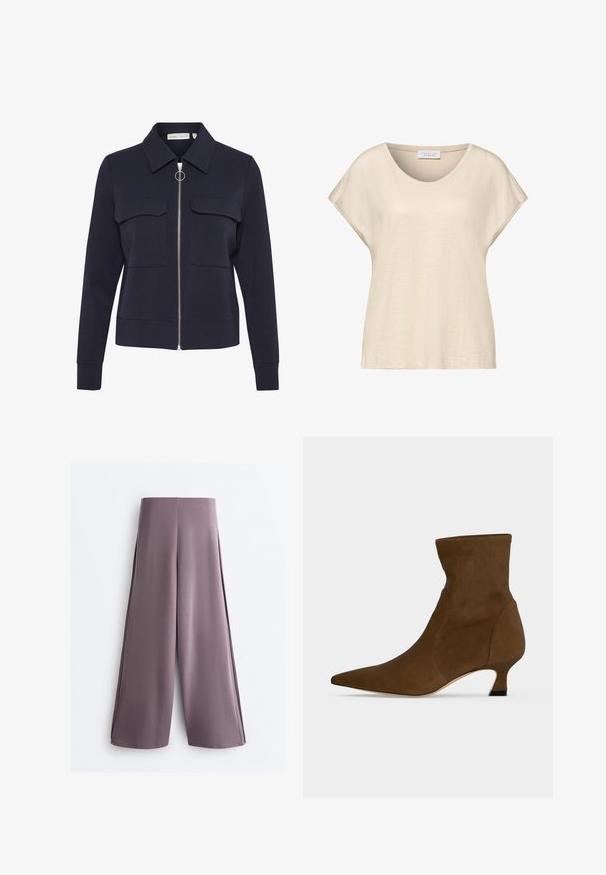 Mørkeblå lynlåsjakke fremstillet af blødt stof med krave, to forreste lommer og en rund lynlåsgreb. Glat tekstur og tætsiddende design.; Beige kortærmet dametop med rund halsudskæring, løs pasform og "Street One Studio" mærke inde i kraven.; Bukser med vide ben i afdæmpet mauve med en glat tekstur og høj talje, vist fladt mod en hvid baggrund.; Brun ankelstøvle med spids tå og lav kitten hæl, lavet af glat materiale, vist mod en ensfarvet baggrund.
