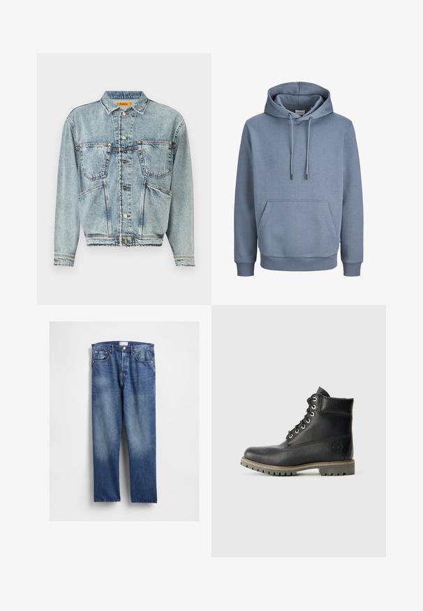 Lyseblå denimjakke med krave, to frontlommer og knaplukninger. Har et let cropped design og synlige syninger.; Lyseblå hættetrøje med kangurulomme foran og snore, ribstrikkede manchetter og kant, vist på hvid baggrund.; Blå denimjeans med lige ben, som har slidte områder foran, klassisk femlomme-design og metalnitter ved lommerne.; Sorte læder ankelstøvler med snøredesign, polstret krave og en tekstureret panel. Har en robust sål og prægede logo på siden.