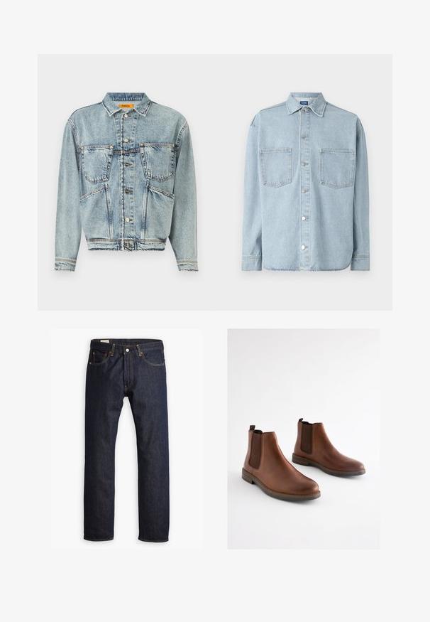 Lyseblå denimjakke med krave, to frontlommer og knaplukninger. Har et let cropped design og synlige syninger.; Lys blå denim skjorte med lange ærmer, knaplukning, to brystlommer og en klassisk krave. Tekstureret stof med lige søm.; Mørkeblå denimjeans med lige ben, orange syninger og fem lomme-design med metalspænde.; Brune læderankelstøvler med elastiske sidestykker, rundet tå og en lagdelt hæl. Glat tekstur med kontrasterende brune accenter.
