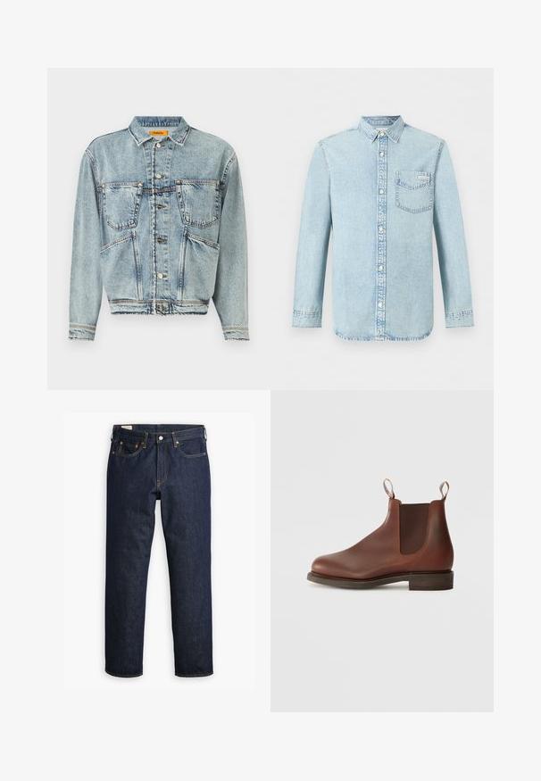 Lyseblå denimjakke med krave, to frontlommer og knaplukninger. Har et let cropped design og synlige syninger.; Lyseblå denim-skjorte med lange ærmer, knaplukning foran, enkelt brystlomme med Calvin Klein-logo og spids krave.; Mørkeblå denimjeans med lige skæring, prydet med fem lommer, synlige sømme og en klassisk knaplukning.; Brune læder Chelsea støvle med elastiske sidepaneler, træktab og en lav stablet hæl. Glat tekstur med rund tå og minimal detaljering.