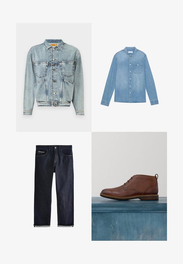 Hellblaue Jeansjacke mit Kragen, zwei vorderen Taschen und Knopfverschlüssen. Hat ein leicht verkürztes Design und sichtbare Nähte.; Hellblaues Denim-Hemd mit Knopfleiste, langen Ärmeln, spitzem Kragen, einer Brusttasche und dezentem Verblassen des Stoffes.; Dunkelblaue Jeans aus Denim mit umgeschlagenen Bündchen, Knopf- und Reißverschluss, Vorder- und Münztaschen und kontrastierenden Nähten vor weißem Hintergrund.; Braunes, poliertes Leder-Ankle-Boot mit Schnürung, schwebend über einem leicht rissigen Betonboden mit verwischten Pflanzen und einem Fenster im Hintergrund.