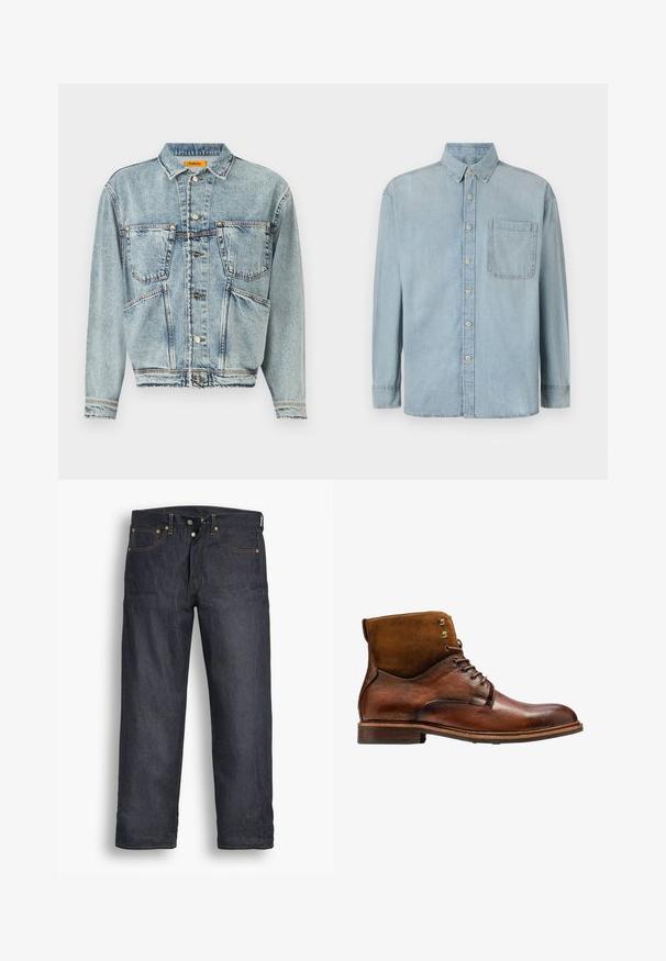 Lyseblå denimjakke med krave, to frontlommer og knaplukninger. Har et let cropped design og synlige syninger.; Lyseblå denimskjorte med lange ærmer, knaplukning foran og en enkelt brystlomme. Har en klassisk krave og standard manchetter.; Mørkeblå denimjeans med lige ben-design, der har orange syninger, klassisk fem-lomme stil og knaplukning.; Kazar ALID - Snørestøvletter - brown