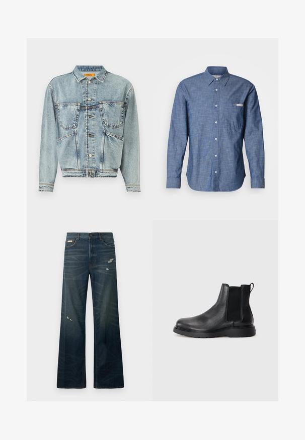 Hellblaue Jeansjacke mit Kragen, zwei vorderen Taschen und Knopfverschlüssen. Hat ein leicht verkürztes Design und sichtbare Nähte.; Blaues langärmliges Hemd mit Knöpfen aus leichtem, strukturiertem Stoff. Verfügt über eine Tasche auf der linken Brust und ein kleines Logoetikett. Die Knöpfe sind hell.; Weite Bein, dunkle Jeans aus Denim mit leichter Ausbleichung und beschädigten Stellen. Verfügt über einen Knopfverschluss und ein klassisches fünf Taschen-Design.; Schwarze Leder-Chelsea-Boots mit strukturiertem Finish, elastischen seitlichen Einsätzen und einer robusten Gummisohle. Dezentes Branding an der Ferse.