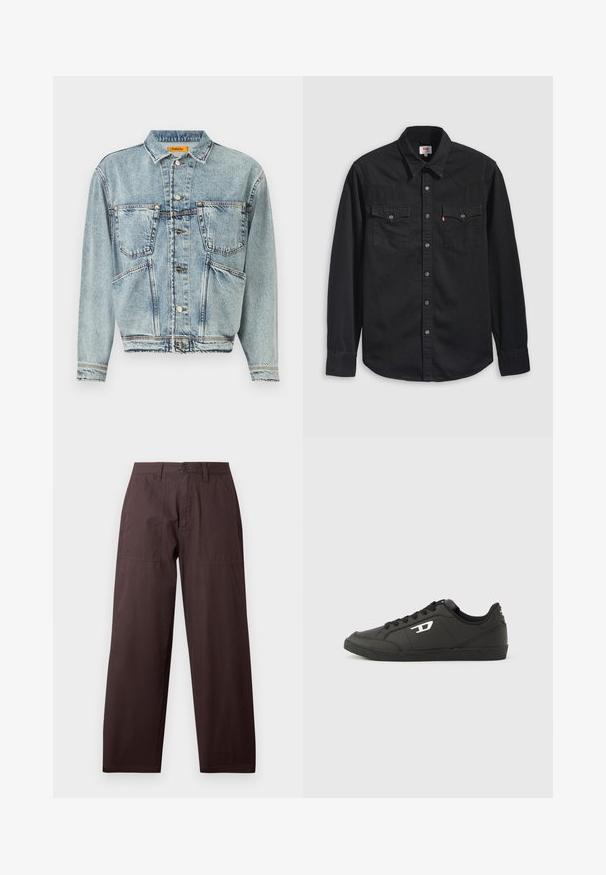 Lyseblå denimjakke med krave, to frontlommer og knaplukninger. Har et let cropped design og synlige syninger.; Sort denimskjorte med knapper foran, to brystlommer og en spids krave med synlige syningsdetaljer.; Wrangler WORK PANT - Bukser - mole; Sorte syntetiske sneakers med en struktureret sort sål, rund tå og flade sorte snørebånd. Fremtrædende hvidt logo på ydersiden.