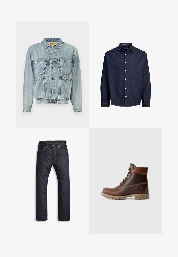 Hellblaue Jeansjacke mit Kragen, zwei vorderen Taschen und Knopfverschlüssen. Hat ein leicht verkürztes Design und sichtbare Nähte.; Dunkelblaune Jeanshemd mit Knopfleiste, langen Ärmeln und klassischem Kragen, mit weißen Knöpfen und kontrastierenden Nähten.; Dunkelblaue Jeans aus Denim mit geradem Schnitt, Fünf-Taschen-Design, metallischen Komponenten und kontrastierenden orangen Nähten. Glatte Textur, keine sichtbaren Muster.; Braune Leder-Schnürstiefelette mit gepolsterter Knöchelpartie, kontrastierenden Nähten und robustem Sohlendesign, von der Außenseite auf einem weißen Hintergrund gezeigt.
