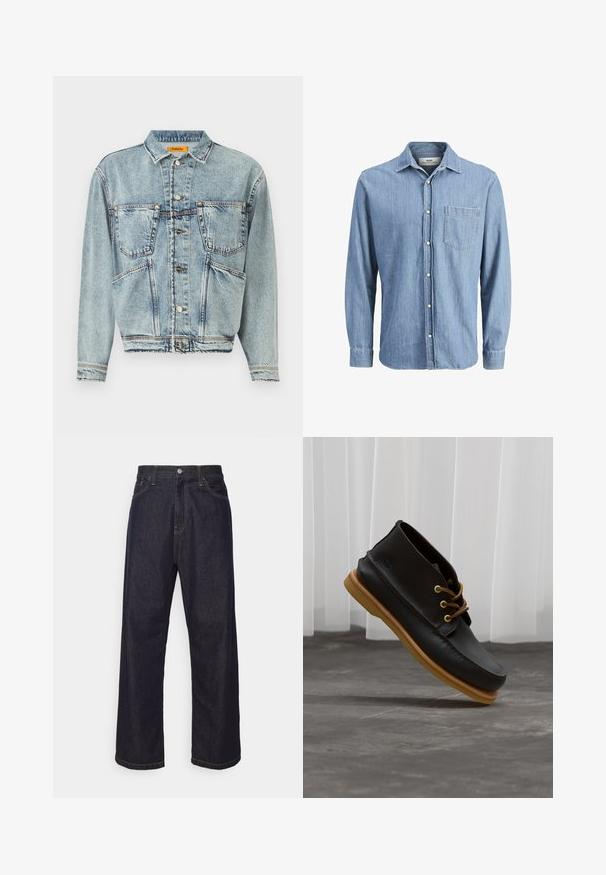 Hellblaue Jeansjacke mit Kragen, zwei vorderen Taschen und Knopfverschlüssen. Hat ein leicht verkürztes Design und sichtbare Nähte.; Helles blaues Denimhemd mit Button-Down-Kragen, langen Ärmeln, einer einzelnen Brusttasche und gesticktem Logo auf der Tasche.; Dunkelblaue Jeans im geraden Schnitt mit gelben Nähten, Knopfverschluss, Reißverschluss und Fünf-Taschen-Design.; Schwarze Lederschuhe mit glatter Oberfläche, runder Zehenform, braunen Schnürsenkeln und hellbraunen Gummisohlen. Logo an der Seite geprägt.