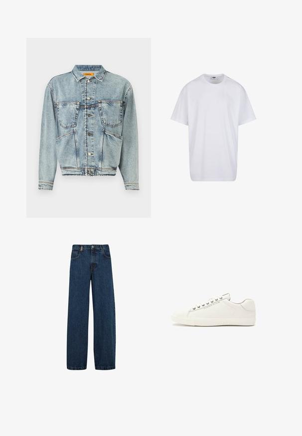 Lyseblå denimjakke med krave, to frontlommer og knaplukninger. Har et let cropped design og synlige syninger.; Hvid, kortærmet bomulds-T-shirt med rund hals og synligt størrelses- og mærkelabel inde i kraven.; Jeans i mørkeblå denim med bred benkurv, fem-lomme design og klassisk knaplukning med metal lynlås.; Hvide lædersneakers med en glat overflade, rund tå, flad gummisål, snørebånd foran og metaløjer. Branding på siden.