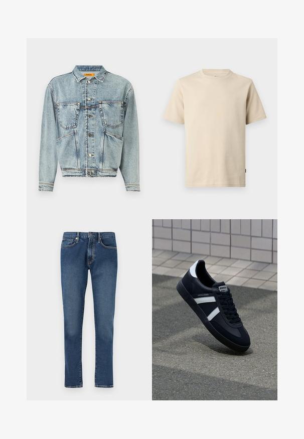Lyseblå denimjakke med krave, to frontlommer og knaplukninger. Har et let cropped design og synlige syninger.; Beige kortærmet bomulds-T-shirt med rund halsudskæring, minimal syning og en lille tonet logo på venstre bryst.; Blå denimjeans med lige ben, klassisk fem-lommer design og knaplukning, vist fladt mod en hvid baggrund.; Sort lædersneaker med hvide striber, tekstureret gummisål og snørrebånd foran. Har et brandet mærke på tungen.