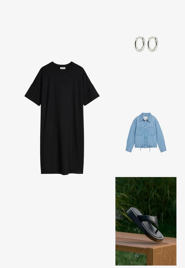 Jeansjacke in Hellblau mit Knopfleiste, zwei Brusttaschen, verstellbarem Kordelzug am Saum und langen Ärmeln mit Bündchendetails.; Schwarzes knielanges Kleid mit kurzen Ärmeln, rundem Ausschnitt und lockerem Schnitt, flach auf weißem Hintergrund präsentiert.; Schwarze Lederflip-Flop-Sandale, die über einer Holzbank im Freien schwebt, mit hohem grünem Gras unscharf im Hintergrund.; Silberne Creolen mit einer glatten, glänzenden Oberfläche. Runde Form mit einem sicheren Verschluss. Minimalistisches Design mit einem subtilen Drehdetail.