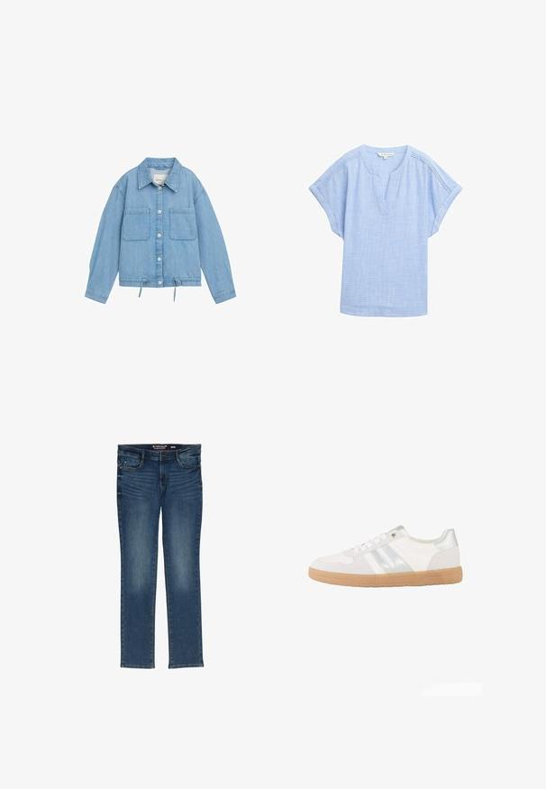 Leren spijkerjack in lichtblauw met knoopsluiting aan de voorkant, twee borstzakken, verstelbare trekkoord onderrand en lange mouwen met manchetdetails.; Lichtblauw shirt met korte mouwen in een ademende stof, met een v-hals en een subtiele textuurpatroon overal.; Donkerblauwe straight-leg jeans van denim, met een ritssluiting, vijf zakken en subtiele vervaging. Maatlabel zichtbaar aan de binnenkant van de tailleband.; Witte lage sneaker met zilveren strepen, witte veters en een lichtbruine rubberen zool, zijaanzicht op een witte achtergrond.