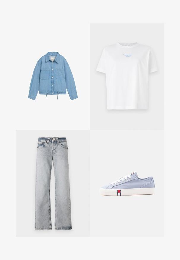 Lys blå denimjakke med knaplukning, to brystlommer, justerbar snor i kanten og lange ærmer med manchetter.; Hvid bomulds-T-shirt med rund hals, korte ærmer, der har teksten "IS KREME TAK" trykt i blå ovenfor en enkel tegning af en isvaffel.; Lyseblå denimjeans med vid benlængde. Standard talje, fem lomme-stil og synlige syninger langs sømmene.; Lyseblå sneakers i lavt design af lærred med hvide snørebånd og sål, med et lille rødt, hvidt og blåt Tommy Jeans-logo på siden.