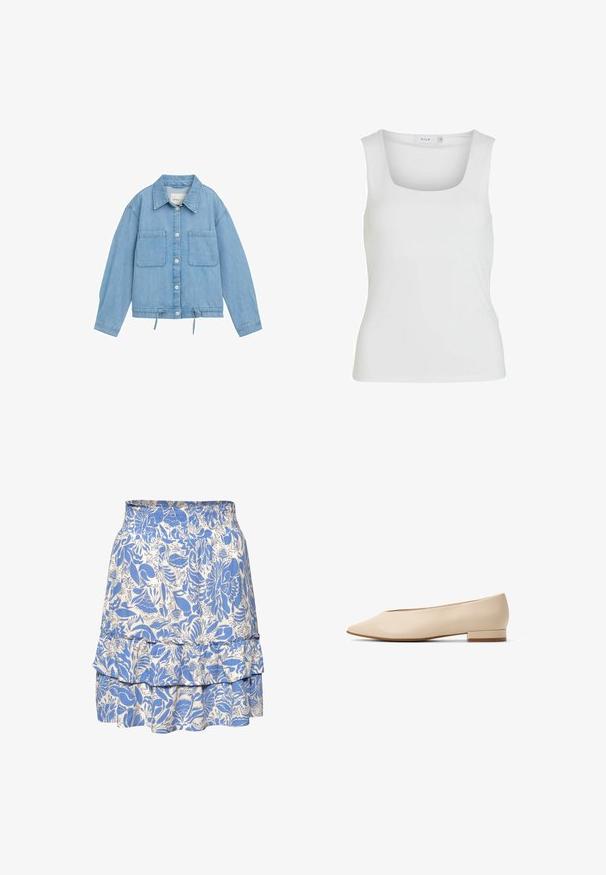 Lys blå denimjakke med knaplukning, to brystlommer, justerbar snor i kanten og lange ærmer med manchetter.; Hvid ærmeløs tanktop med firkantet udskæring, glat tekstur og tætsiddende design. Fremstillet af letvægtsmateriale.; Blå og hvid blomsterprintet lagdelt nederdel med elastisk talje og flæsedetalje over kanten.; Beige læder flade sko med spids tå og lav stablet hæl, der har en glat tekstur og minimalistisk design.