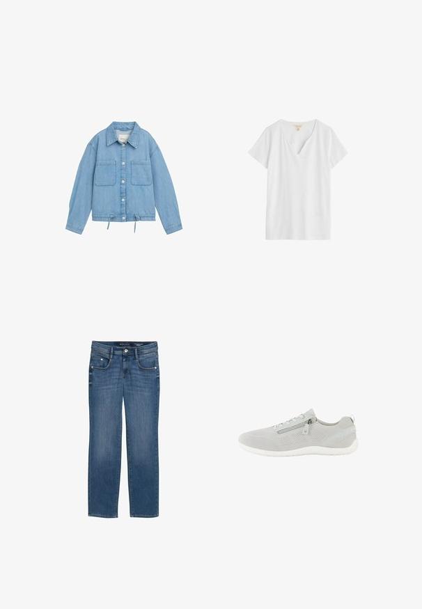 Leren spijkerjack in lichtblauw met knoopsluiting aan de voorkant, twee borstzakken, verstelbare trekkoord onderrand en lange mouwen met manchetdetails.; Witte korte mouwen V-hals T-shirt met een licht gebogen halslijn, weergegeven op een effen witte achtergrond.; Rechtafstaande spijkerbroek van middelblauwe denim, met vijf zakken, subtiele vervaging en gestikte accenten langs de naden.; Lichtgrijze sneakers van mesh met een rits aan de zijkant, vetersluiting, witte zool en een trekriempje bij de hiel, gezien van de linkerzijzijde.