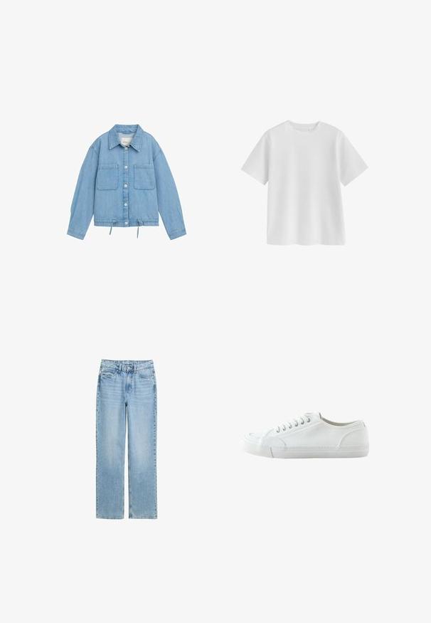 Jeansjacke in Hellblau mit Knopfleiste, zwei Brusttaschen, verstellbarem Kordelzug am Saum und langen Ärmeln mit Bündchendetails.; Schlichtes weißes T-Shirt mit kurzen Ärmeln und Rundhalsausschnitt, regulärer Passform und glatter Stoffstruktur auf weißem Hintergrund.; Helle blaue gerade geschnittene Denim-Jeans mit Vorderknopf und Fünf-Taschen-Design, auf einem weißen Hintergrund präsentiert.; Weißer Canvas-Sneaker mit niedrigem Schaft, Schnürung vorne, Gummisohle und strukturiertem Zehenkappen, gezeigt von der Außenseite vor weißem Hintergrund.
