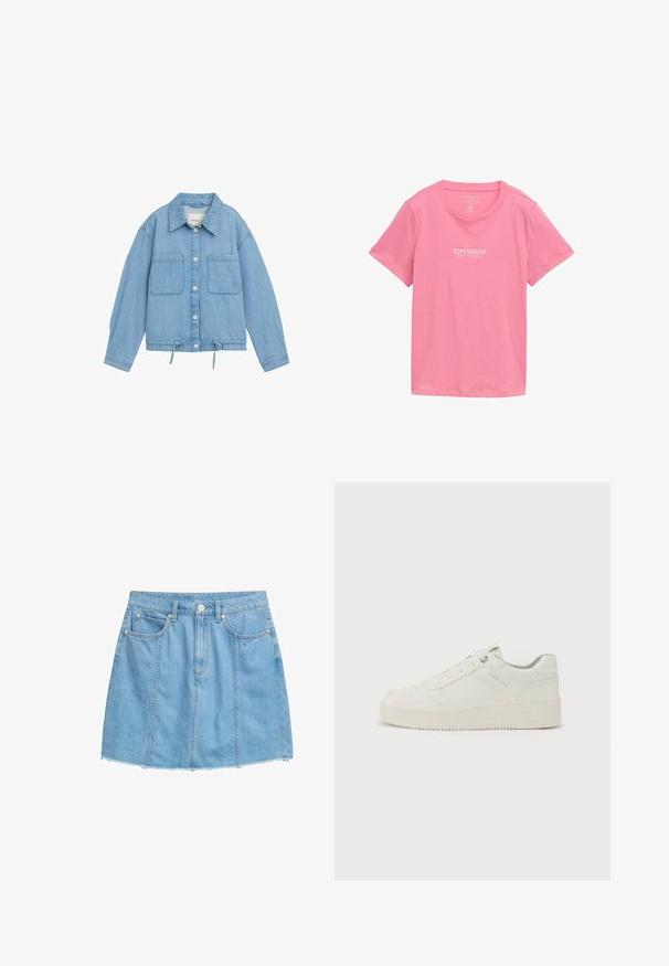Leren spijkerjack in lichtblauw met knoopsluiting aan de voorkant, twee borstzakken, verstelbare trekkoord onderrand en lange mouwen met manchetdetails.; Roze T-shirt met korte mouwen gemaakt van zachte stof. Heeft een ronde hals en een wit merklogo gedrukt op de voorkant.; Lichtblauwe denimrok met een aansluitende taille, vier zakken, een onafgebroken zoom en opvallende naaddetails. Gemaakt van katoen.; Witte sneaker met een gladde leren buitenkant, ronde neus, zes oogjes, gevoerde kraag en een gestructureerde rubberen zool. Subtiel merkembleem aan de zijkant.