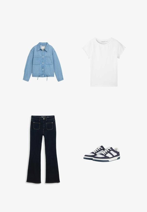 Leren spijkerjack in lichtblauw met knoopsluiting aan de voorkant, twee borstzakken, verstelbare trekkoord onderrand en lange mouwen met manchetdetails.; TOM TAILOR DENIM MIT ÄRMELDETAILS - T-shirt basic - white; Donkerblauwe denim flare jeans met voorzakken, knoopsluiting en contrasterende stiksels, plat gelegd op een witte achtergrond.; Marineblauwe en witte canvas sneakers met een laag ontwerp, voorzien van vetersluiting, rubberen zolen en contrasterende gestreepte accenten.