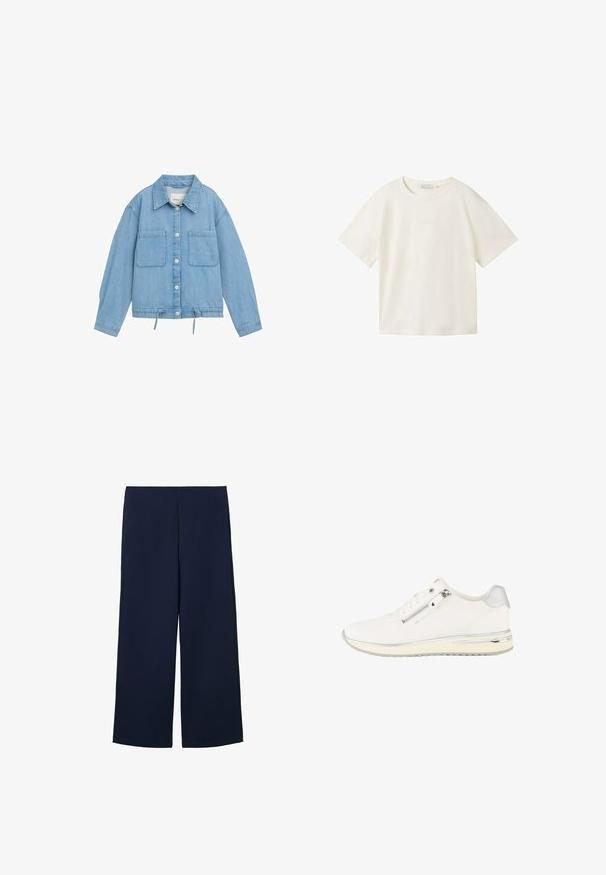 Jeansjacke in Hellblau mit Knopfleiste, zwei Brusttaschen, verstellbarem Kordelzug am Saum und langen Ärmeln mit Bündchendetails.; TOM TAILOR DENIM T-Shirt basic - gardenia white; Marinefarbene weit geschnittene Hose aus leichtem Material, mit schlichter Optik und geradem Schnitt, seitlichen Taschen und ohne sichtbare Verschlüsse.; Weißer Low-Top-Sneaker mit seitlichem Reißverschluss, vorderer Schnürung, strukturiertem Stoff und silbernem Akzent an Ferse und Sohle.