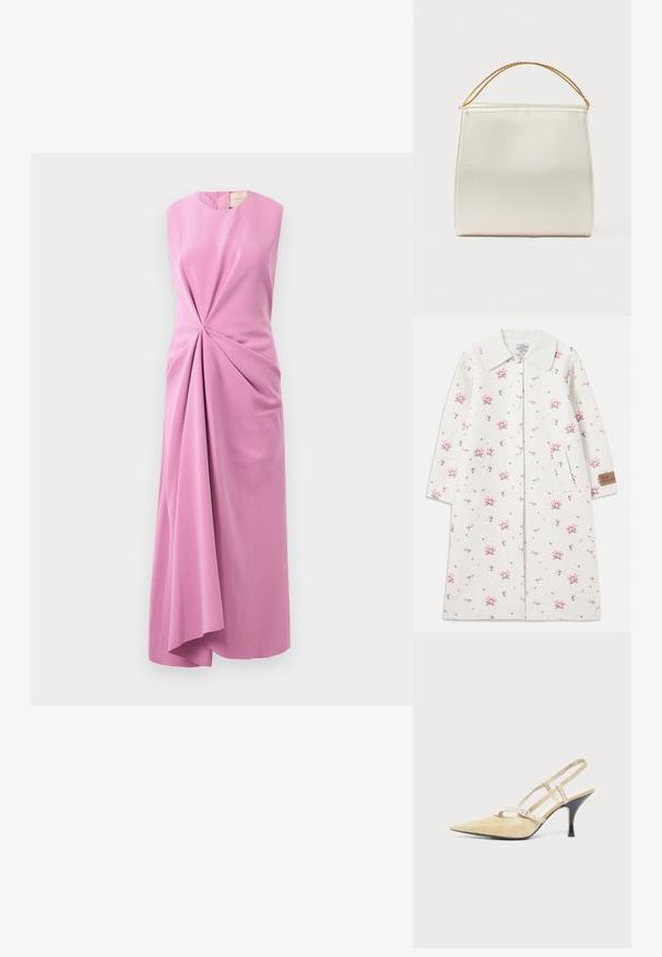 Manteau léger gris clair à motifs floraux avec un col, des boutons sur le devant et des poches latérales. Présente de petites fleurs roses et vertes ainsi qu'une étiquette en tissu.; Robe sans manches en tissu rose clair, dotée d'un détail en front tordu et d'un ourlet asymétrique, texture douce avec un léger éclat.; Escarpin slingback beige à bout pointu avec fines brides et boucle argentée sur un talon aiguille noir de hauteur moyenne sur fond blanc.; Sac à main structuré en finition satinée, de couleur crème, avec une bandoulière chaîne. Présente une texture plate et lisse ainsi que des coutures nettes.