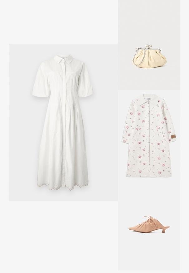 Manteau léger gris clair à motifs floraux avec un col, des boutons sur le devant et des poches latérales. Présente de petites fleurs roses et vertes ainsi qu'une étiquette en tissu.; Robe midi blanche à manches bouffantes, boutonnée sur le devant, col, taille cintrée et ourlet festonné avec détails en œillets.; Mule pour femme en cuir beige avec bout pointu, dessus froncé, lien de serrage et petit talon kitten, sur fond blanc.; Pochette en cuir beige plissé avec un cadre en métal argenté, dotée de deux fermoirs ronds décoratifs et d'une chaîne en argent.