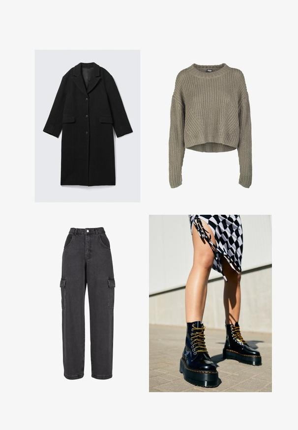 Manteau en laine noir avec un col cranté, trois boutons et deux poches avant, présentant une silhouette droite et des manches légèrement raccourcies.; Pull en tricot cropped vert olive avec un motif texturé, col rond et manches longues. Large côtelé au niveau de l'ourlet et des poignets.; Pantalons cargo en denim noir avec taille haute, jambe large, poches latérales et fermeture à bouton classique. Tissu texturé avec des détails de couture visibles.; Bottes plateformes en cuir noir avec des semelles épaisses, des lacets dorés et des coutures orange, assorties à une jupe à carreaux mettant en valeur une fente sur le côté.
