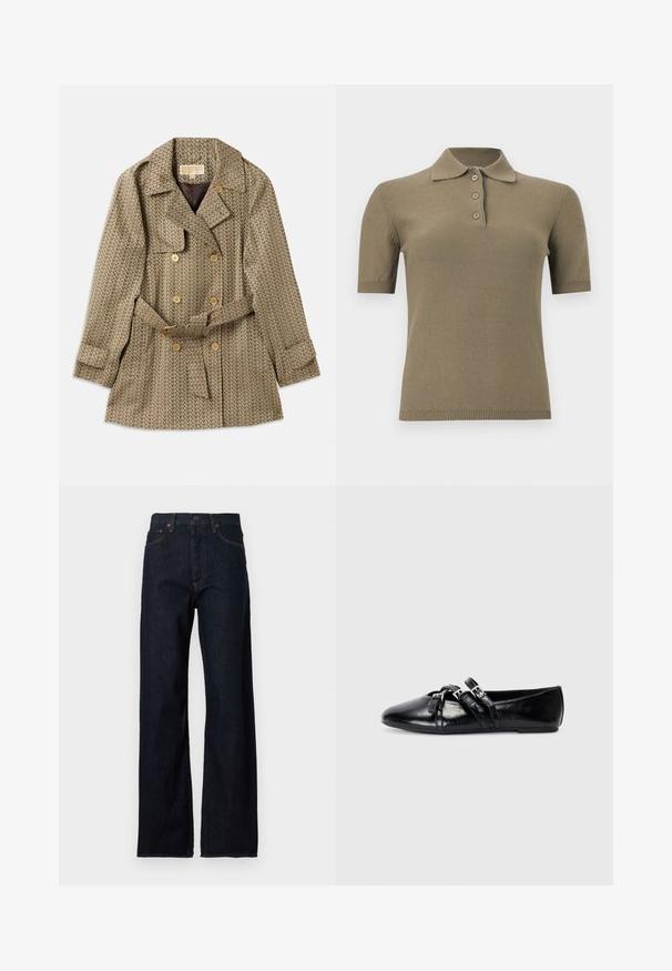 Manteau croisé en tissu tan avec un motif géométrique, doté de boutons dorés, d'une taille ceinturée et d'un col cranté.; Polo en maille vert olive à manches courtes avec col et trois boutons sur un fond blanc uni.; Jean en denim bleu foncé à taille haute, coupe droite, style cinq poches, avec des coutures contrastées sur les coutures.; Ballerines en cuir noir avec un bout pointu, deux brides décoratives avec des boucles en argent, et une texture lisse et brillante.