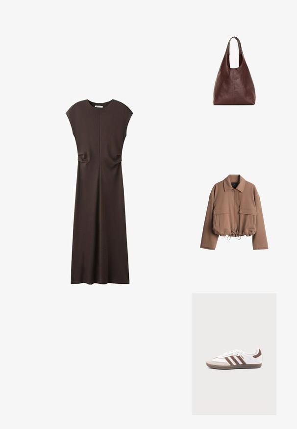 Kürzerer brauner Stoffjacke mit Reverskragen, Frontreißverschluss, zwei Seitentaschen und verstellbarem Kordelzugsaum.; Dunkelbraunes ärmelloses Midikleid mit rundem Ausschnitt und dezenten Raffungen an der Taille, gerade geschnitten und schlicht im Design.; Weißer Adidas Samba Sneaker mit braunen Veloursstreifen, brauner Velourspitze und Gummisohle auf hellgrauem Hintergrund.; Braune Lederschultertasche mit einem breiten einzelnen Riemen und einem glatten, leicht schlaffen rechteckigen Körper.