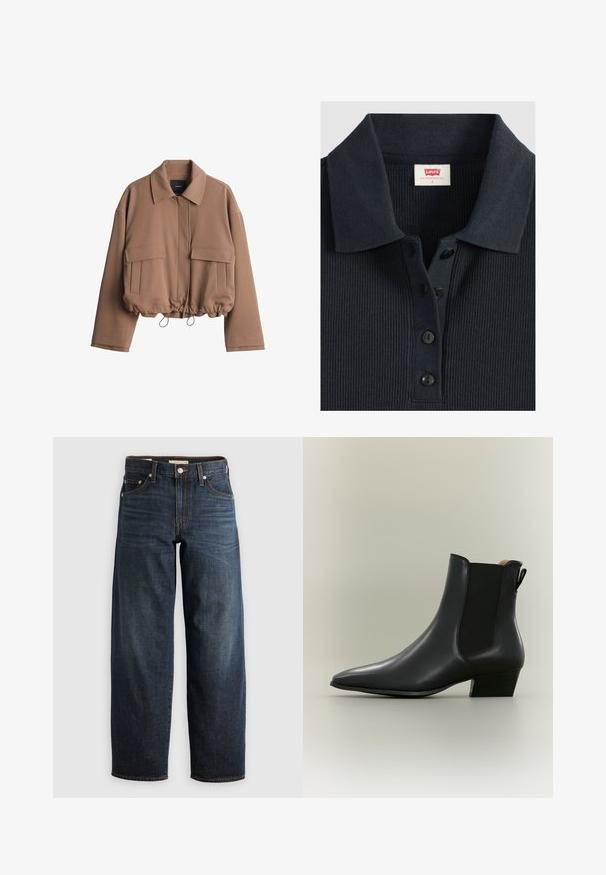 Geknipte bruine jas van zachte stof met een slangekraag, ritssluiting aan de voorkant, twee zijzakken en een verstelbare trekkoordzoom.; Donker marineblauw geribd poloshirt met kraag en een knoopsluiting met drie knopen, met een Levi's-label binnenin de nek, maat small.; Donkerblauwe jeans van denim, met een recht model, vijf-pocketstijl en stiksels met een knoopsluiting.; Zwarte leren enkellaarzen met een puntige neus, lage blokhak, elastisch zijpaneel en een achterste aantreklus op een neutrale achtergrond.