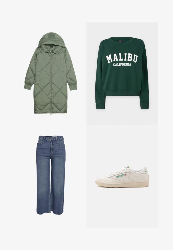 Gequiltede lange groene pufferjas met een capuchon, met een ritssluiting aan de voorkant en twee zijzakken. Gelaagd ruitpatroon overal.; ONLY ONLSWEAT - Sweater - pine grove; Blauwe wijde jeans met hoge taille, voor knop, rits, vijf zakken en rafelige zoom.; Witte lage Reebok sneaker met groen logo, veters en beige zool, getoond vanaf de binnenkant op een effen achtergrond.