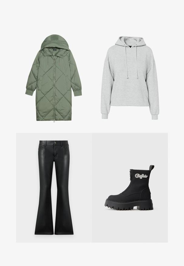 Abrigo acolchado largo verde tipo puffer con capucha, que presenta un cierre frontal con cremallera y dos bolsillos laterales. Patrón de diamantes texturizado en toda su superficie.; Sudadera gris con un ajuste amplio, mangas largas y capucha con cordón. La tela parece suave, con una textura sutil y sin patrones o detalles visibles.; Pantalones acampanados negros hechos de un material liso y brillante. Presentan un diseño de cinco bolsillos, cierre frontal con botón y costuras sutilmente contrastantes.; Botines negros hasta el tobillo con cierre de cremallera, suela gruesa de goma y detalles cosidos. Presentan un logo blanco "Buffalo" en el lateral.