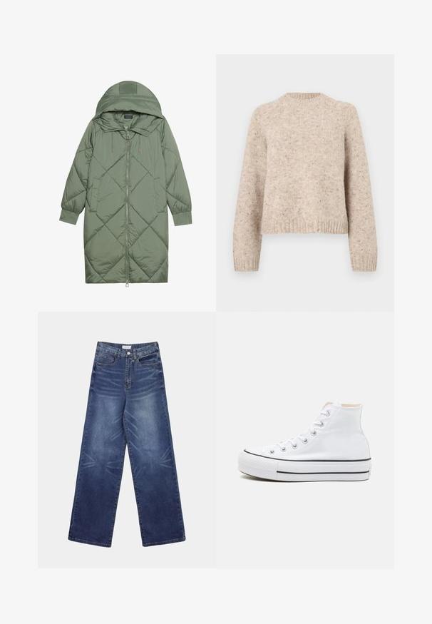 Manteau matelassé long vert avec capuche, doté d'une fermeture éclair à l'avant et de deux poches latérales. Motif en losanges texturé sur toute sa surface.; Pull en tricot beige avec un col rond, des manches longues et des poignets côtelés. Fabriqué en mélange de laine texturé avec des éclats subtils tout au long.; Jean en denim à jambes larges de couleur bleu foncé, doté d'une taille haute, de motifs délavés prononcés à l'avant, et d'un style classique à cinq poches.; Baskets montantes blanches en toile, semelle en caoutchouc noir et bande noire contrastante sur la semelle intermédiaire. Bout rond et design à lacets.