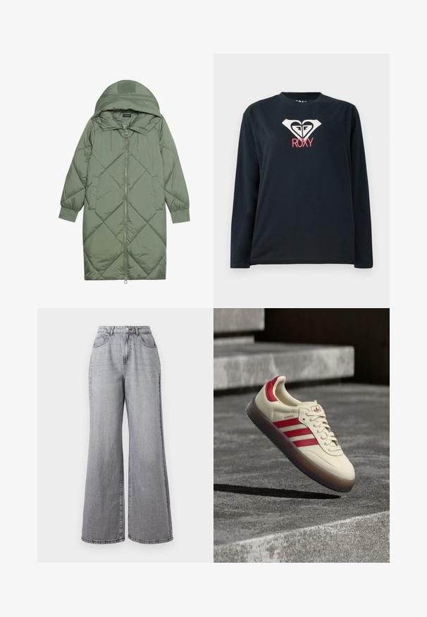 Abrigo acolchado largo verde tipo puffer con capucha, que presenta un cierre frontal con cremallera y dos bolsillos laterales. Patrón de diamantes texturizado en toda su superficie.; Camiseta negra de manga larga hecha de algodón, con un logo de corazón blanco que tiene dos caras y "ROXY" en rosa debajo del logo.; Pantalones vaqueros de pierna ancha en gris claro, confeccionados en denim, con una cintura alta, cinco bolsillos y una textura ligeramente descolorida. Cierre con botón metálico y cremallera.; Zapatilla deportiva de cuero beige con rayas y detalles rojos, con puntera redonda y cordones blancos. Suela de goma texturizada que ofrece agarre.