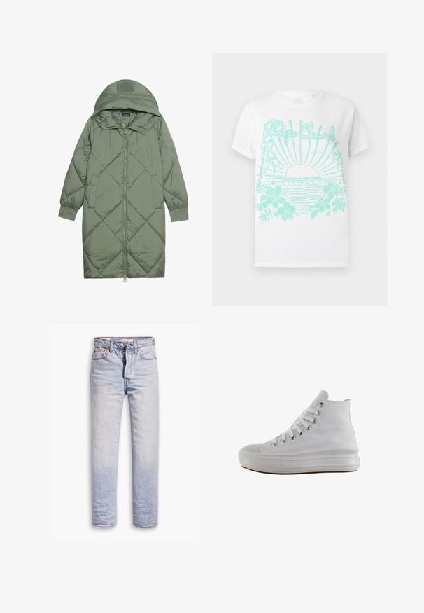 Manteau matelassé long vert avec capuche, doté d'une fermeture éclair à l'avant et de deux poches latérales. Motif en losanges texturé sur toute sa surface.; T-shirt blanche à manches courtes avec impression turquoise d'un soleil se couchant sur des vagues océaniques, des palmiers, des fleurs d'hibiscus et le texte "Rip Curl".; Jean en denim bleu clair avec une coupe droite, dotés d'une fermeture à boutons, de cinq poches et d'un léger délavage sur les jambes.; Baskets montantes en toile blanche avec lacets blancs, œillets métalliques, semelle épaisse en caoutchouc et bout texturé, orientées vers la gauche sur fond blanc.