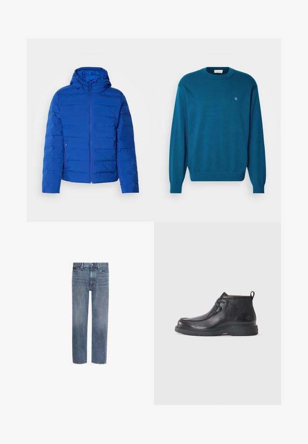Veste rembourrée bleue avec capuche, dotée d'une fermeture éclair à l'avant et de poches latérales. Texture lisse avec des détails de couture verticale.; Pull en maille turquoise avec un col rond, des manches longues et un ourlet côtelé. Présente un petit logo en haut à gauche. Texture douce.; Jean en denim bleu à jambes droites, avec poches avant, passants de ceinture et fermeture par bouton.; Bottes noires en cuir à talon arrondi, avec un design à lacets et une languette à l'arrière. Tige texturée et semelle en caoutchouc.