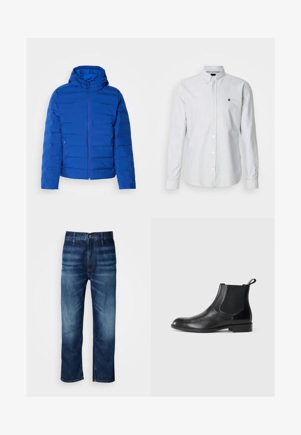 Veste rembourrée bleue avec capuche, dotée d'une fermeture éclair à l'avant et de poches latérales. Texture lisse avec des détails de couture verticale.; Chemise à boutons avec fines rayures bleu et blanc, manches longues, et un petit logo sur la poitrine, fabriquée en tissu léger.; Jean en denim droit bleu foncé avec un léger décoloration au niveau des cuisses et une fermeture à bouton à la taille, présenté sur fond blanc.; Bottine en cuir noir avec des panneaux latéraux élastiques, bout rond et tirette. Texture lisse, semelle plate, design minimaliste.