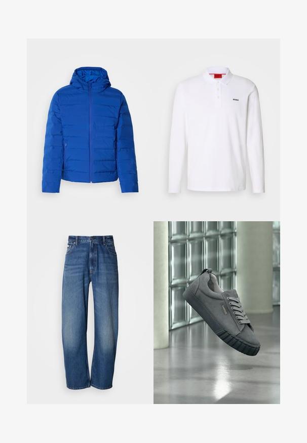 Chaqueta azul acolchada con capucha, presenta un cierre de cremallera en la parte frontal y bolsillos laterales. Textura suave con detalle de costuras verticales.; Camisa polo blanca de manga larga hecha de algodón con cuello, tapeta de tres botones y el logo negro "HUGO" en el lado izquierdo del pecho.; Jeans vaqueros de pierna ancha en un tono azul medio. Cuentan con cremallera, cinco bolsillos y un ligero desgaste para un aspecto usado. Detalle clásico de costuras.; Zapatilla de gamuza gris con suela y cordones de goma negra, con la marca "SAMSOE", flotando en el interior cerca de una pared de bloques de vidrio y suelo de hormigón.