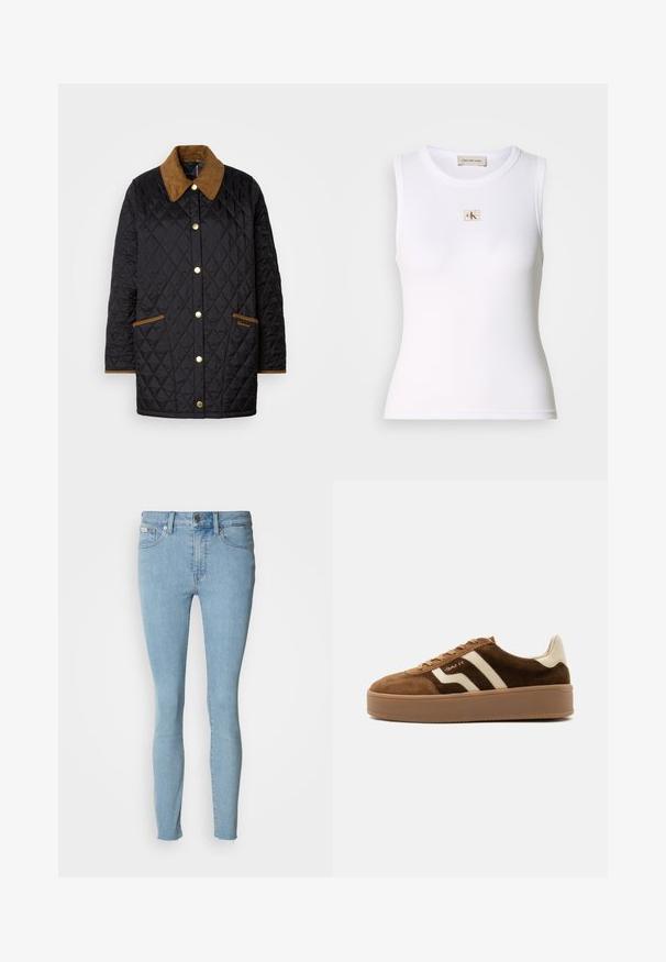 Gestepptes schwarzes Jacket mit einem braunen Cordkragen, goldenen Knöpfen und kontrastierenden Besätzen, ausgestattet mit zwei Fronttaschen und dezentem Branding.; Weißes geripptes ärmelloses Tanktop mit Calvin Klein Jeans-Label auf der Brust und innerem Nackenetikett.; Helle blaue Skinny-Jeans aus Denim. Mit einer hohen Taille, Fünf-Taschen-Design und leichten Ausfransungen am Saum.; Brauner Wildleder-Sneaker mit beigen Streifen, beiger Fersenlasche, dicker Gummisohle und Schnürverschluss, Seitenansicht auf einfachem Hintergrund.