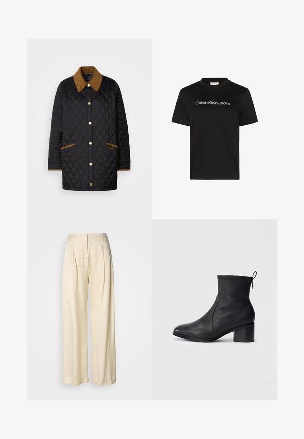 Gestepptes schwarzes Jacket mit einem braunen Cordkragen, goldenen Knöpfen und kontrastierenden Besätzen, ausgestattet mit zwei Fronttaschen und dezentem Branding.; Schwarzes Baumwoll-T-Shirt mit Rundhalsausschnitt und kurzen Ärmeln, auf der Brust mit dem weißen Schriftzug "Calvin Klein Jeans" versehen.; Hohe Taille, cremefarbene Seidenhose mit Falten, weitem Bein und einem versteckten Reißverschluss vorne vor schlichtem weißem Hintergrund.; Schwarze Leder-Stiefelette mit einem eleganten Design, abgerundetem Zehenbereich, strukturiertem Stich an der Oberseite und einem Blockabsatz. Verfügt über einen Reißverschluss und eine Zuglasche.