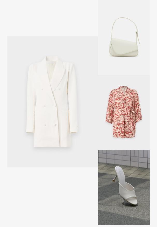 Kimono de patrón rojo y crema con mangas tres cuartos, cinta para atar en la cintura y motivos florales en toda la tela.; Good American LUXE SUITING EXEC DRESS - Vestido de cóctel - cloud white; Zapato mule blanco de tacón alto con punta abierta flotando sobre un fondo de asfalto gris y pared de azulejos.; Bolso de mano de imitación cuero blanco con una forma triangular estructurada, correa ajustable única y cierre con solapa acentuada en curva.