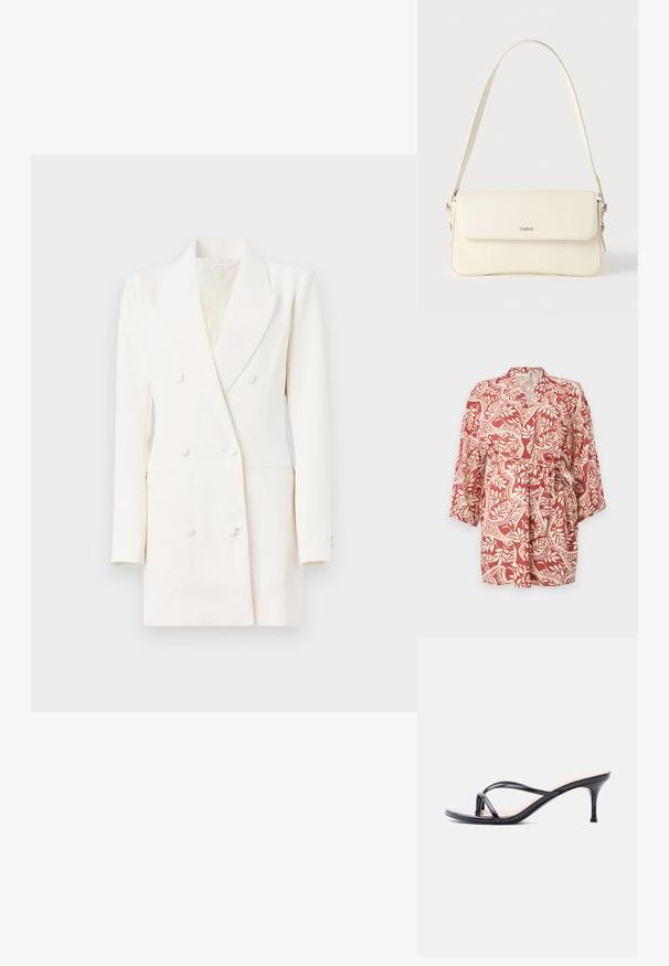 Červený a krémový kimono so vzorom, s tromi štvrtinovými rukávmi, viazacím opaskom v páse a kvetinovými motifmi po celej látke.; Good American LUXE SUITING EXEC DRESS - Koktailové šaty/večierkové šaty - cloud white; Čierna sandála na podpätku z lakovanej kože s tenkými prekríženými remienkami a úzkym stredne vysokým ihličkovým podpätkom na bielom pozadí.; Krémovo sfarbená kožená kabelka na rameno s preklopom, striebornými kovaniami, jedným nastaviteľným popruhom a jemnými detailmi loga.