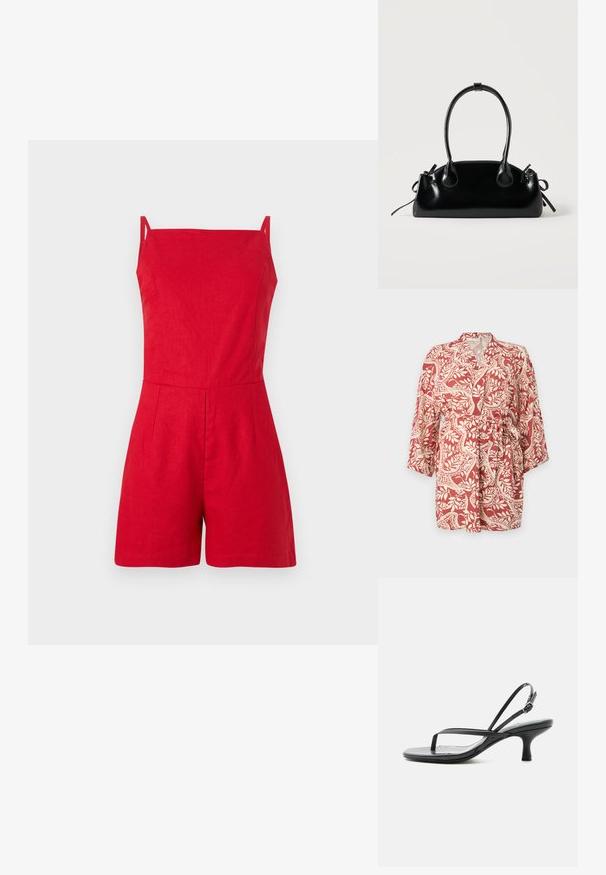 Kimono de patrón rojo y crema con mangas tres cuartos, cinta para atar en la cintura y motivos florales en toda la tela.; Mono de lino rojo con tirantes finos, escote cuadrado y detalle de pliegues en el frente. Corte ajustado con pantalones cortos, diseño minimalista.; Sandalia negra con tiras, tacón bajo tipo 'kitten heel', tira delgada para el dedo y correa ajustable en el tobillo con hebilla plateada, sobre fondo blanco.; Pequeño bolso negro brillante con dos asas largas y detalles de cordón lateral sobre un fondo claro liso.
