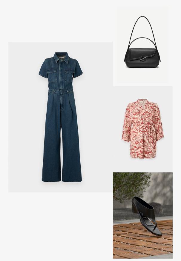 Kimono de patrón rojo y crema con mangas tres cuartos, cinta para atar en la cintura y motivos florales en toda la tela.; Good American FIT FOR SUCCESS PLEATED WIDE LEG - Mono - indigo; Sandalia negra de tacón alto con tira entre los dedos, flotando sobre una superficie exterior de madera y grava con patrón, con vegetación desenfocada y pared al fondo.; Bolso de cuero negro con bordes redondeados, solapa asimétrica, cierre circular de metal y correas de hombro cortas y largas.