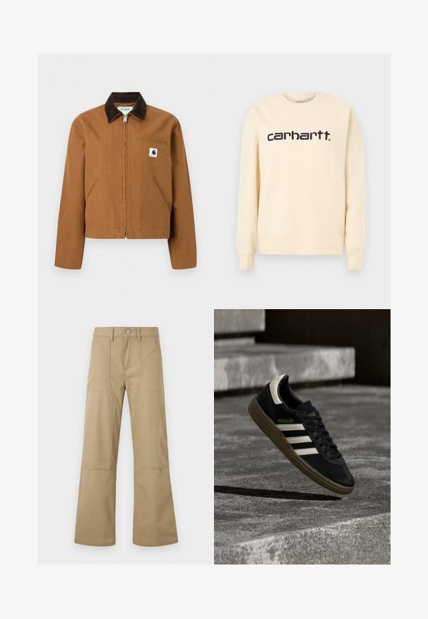 Καφέ ζακέτα Carhartt με φερμουάρ, σκούρο καφέ γιακά, δύο μπροστινές τσέπες και μικρό λογότυπο στο αριστερό στήθος.; Μπεζ φούτερ Carhartt με στρογγυλή λαιμόκοψη, μακρύ μανίκι και μαύρο λογότυπο "carhartt" στο κέντρο του στήθους.; Μπεζ παντελόνι με ψηλή μέση, φαρδιά μπατζάκια, εμπρόσθιες τσέπες με ραφές, θηλιές για ζώνη και κλείσιμο με κουμπί. Απλό, ανθεκτικό ύφασμα με εμφανείς ραφές.; Μαύρο αθλητικό παπούτσι Adidas με λευκές ρίγες και καφέ σόλα που αιωρείται πάνω από γκρίζα σκυρόδεμα σκαλοπάτια σε φυσικό φως.