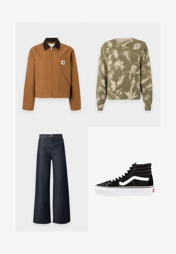 Καφέ ζακέτα Carhartt με φερμουάρ, σκούρο καφέ γιακά, δύο μπροστινές τσέπες και μικρό λογότυπο στο αριστερό στήθος.; Πλεκτό πουλόβερ σε ελαιόλαδο πράσινο με σχέδιο φύλλου σε κρέμα. Ριγέ στρίφωμα και μανσέτες, στρογγυλή λαιμόκοψη και χαλαρή εφαρμογή. Σκηνοθετημένο υφασμάτινο σχέδιο.; Τζιν παντελόνι με φαρδύ μπατζάκι και ψηλή μέση, με σχέδιο πέντε τσεπών, χρυστό ράψιμο και μεταλλικό κουμπί. Λείο υλικό συνολικά.; Μαύρα ψηλά αθλητικά παπούτσια με λευκές κορδόνες, λευκό λογότυπο και αντίθετη λευκή ραφή. Διαθέτουν παχιά λευκή σόλα και υφή από σουέντ.