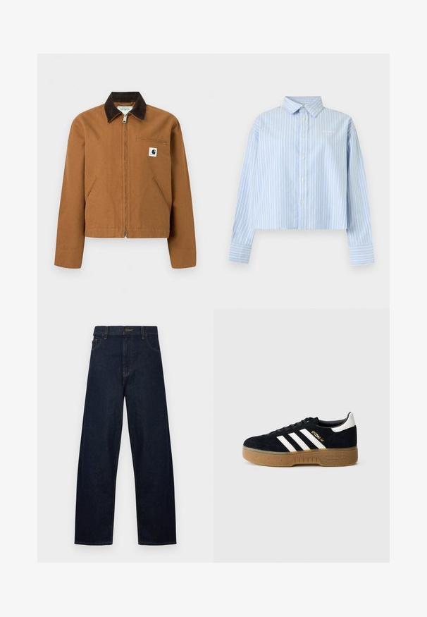Καφέ ζακέτα Carhartt με φερμουάρ, σκούρο καφέ γιακά, δύο μπροστινές τσέπες και μικρό λογότυπο στο αριστερό στήθος.; Ανοιχτό μπλε πουκάμισο με μακριά μανίκια, λευκές κάθετες ρίγες, γιακά, κουμπιά στο μπροστινό μέρος και φαρδιές μανσέτες σε μονόχρωμο φόντο.; Σκούρο μπλε τζιν παντελόνι με ψηλή μέση και ίσια γραμμή, κλείσιμο με κουμπί, μπροστινές τσέπες και ορατές κίτρινες ραφές σε λευκό φόντο.; Μαύρο σουέντ αθλητικό παπούτσι με τρεις λευκές ρίγες και χρυσό λογότυπο. Σόλα από καουτσούκ με υφή για καλύτερη πρόσφυση. Κλασικός χαμηλός σχεδιασμός, στρογγυλή μύτη.