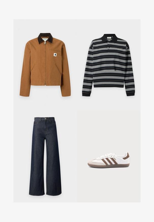 Καφέ ζακέτα Carhartt με φερμουάρ, σκούρο καφέ γιακά, δύο μπροστινές τσέπες και μικρό λογότυπο στο αριστερό στήθος.; Μακρυμάνικο μαύρο πόλο με οριζόντιες λευκές και γκρι ρίγες, τρυπίδι με δύο κουμπιά και κεντημένο λογότυπο στο στήθος.; Τζιν παντελόνι με φαρδύ μπατζάκι και ψηλή μέση, με σχέδιο πέντε τσεπών, χρυστό ράψιμο και μεταλλικό κουμπί. Λείο υλικό συνολικά.; Λευκό αθλητικό παπούτσι Adidas Samba με καφέ σουέντ ρίγες, καφέ λαστιχένια σόλα και μπεζ καπάκι δακτύλου από σουέντ, εμφανιζόμενο από την εξωτερική πλευρά σε απλό φόντο.