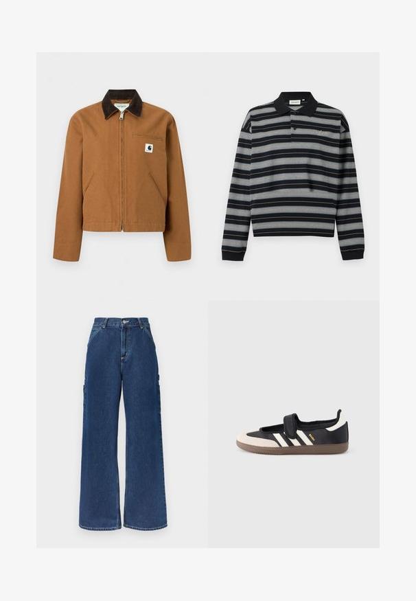 Καφέ ζακέτα Carhartt με φερμουάρ, σκούρο καφέ γιακά, δύο μπροστινές τσέπες και μικρό λογότυπο στο αριστερό στήθος.; Μακρυμάνικο μαύρο πόλο με οριζόντιες λευκές και γκρι ρίγες, τρυπίδι με δύο κουμπιά και κεντημένο λογότυπο στο στήθος.; Τζιν παντελόνι από σκούρο μπλε denim με ψηλή μέση, φαρδύ παντελόνι, μπροστινές τσέπες, πλαϊνές τσέπες χρήσης και κούμπωμα με κουμπί και φερμουάρ.; Μαύρο και μπεζ αθλητικό παπούτσι με λουράκι βέλκρο, τρεις λευκές ρίγες στο πλάι και υφασμένη καφέ πατούσα από καουτσούκ. Ορατό το λογότυπο της μάρκας.