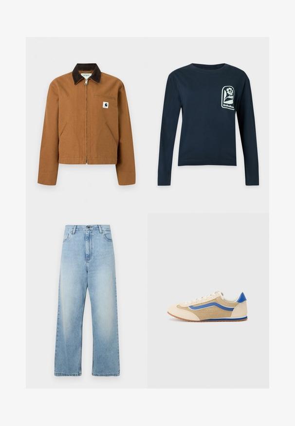 Καφέ ζακέτα Carhartt με φερμουάρ, σκούρο καφέ γιακά, δύο μπροστινές τσέπες και μικρό λογότυπο στο αριστερό στήθος.; Μακρυμάνικο μπλε ναυτικό πουκάμισο με στρογγυλή λαιμόκοψη και λευκό λογότυπο λουλουδιού με κείμενο "Quiksilver" στο αριστερό στήθος.; Φαρδιά τζιν παντελόνια σε ανοιχτό μπλε χρώμα, φτιαγμένα από denim. Διαθέτουν ψηλή μέση, κανονικές τσέπες και ξεθωριασμένο φινίρισμα. Ευθεία κοπή με καθαρά τελειώματα.; Ανοιχτό καφέ σουέτ αθλητικό παπούτσι με μπλε λωρίδα στο πλάι και έμφαση στη φτέρνα. Στρογγυλή μύτη, επίπεδες δέσιμες κορδόνες και διάτρητη λεπτομέρεια στην επάνω πλευρά. Καουτσούκ σόλα.