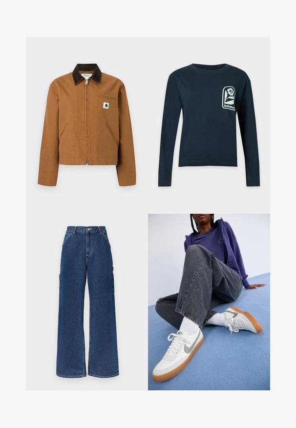 Καφέ ζακέτα Carhartt με φερμουάρ, σκούρο καφέ γιακά, δύο μπροστινές τσέπες και μικρό λογότυπο στο αριστερό στήθος.; Μακρυμάνικο μπλε ναυτικό πουκάμισο με στρογγυλή λαιμόκοψη και λευκό λογότυπο λουλουδιού με κείμενο "Quiksilver" στο αριστερό στήθος.; Τζιν παντελόνι από σκούρο μπλε denim με ψηλή μέση, φαρδύ παντελόνι, μπροστινές τσέπες, πλαϊνές τσέπες χρήσης και κούμπωμα με κουμπί και φερμουάρ.; Λευκά sneakers Nike με γκρι λεπτομέρειες, καφέ σόλα, φορεμένα με λευκές κάλτσες. Σκούρα γκρι, ελαφρώς φθαρμένα jeans σε φαρδιά γραμμή. Μπλε φόντο.