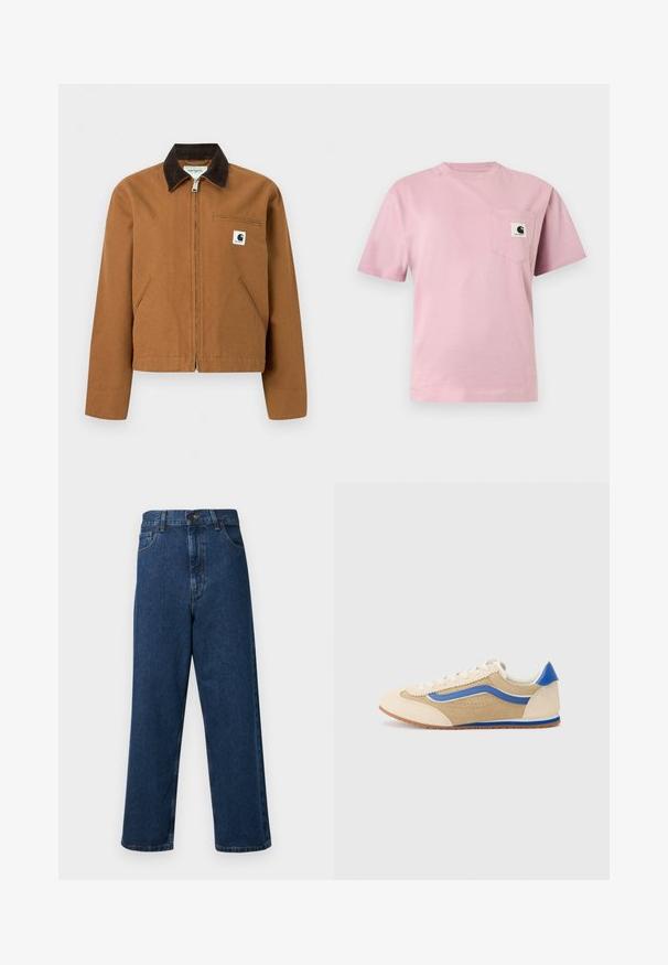 Καφέ ζακέτα Carhartt με φερμουάρ, σκούρο καφέ γιακά, δύο μπροστινές τσέπες και μικρό λογότυπο στο αριστερό στήθος.; Ανοιχτό ροζ κοντομάνικη μπλούζα με τσέπη στο αριστερό στήθος που έχει ένα μικρό λογότυπο της Carhartt.; Ψηλοκάβαλες μπλε τζιν με φαρδύ μπατζάκι, που διαθέτουν πέντε τσέπες, κλείσιμο με κουμπί στο μπροστινό μέρος και ραφές κατά μήκος των συγκολλήσεων.; Ανοιχτό καφέ σουέτ αθλητικό παπούτσι με μπλε λωρίδα στο πλάι και έμφαση στη φτέρνα. Στρογγυλή μύτη, επίπεδες δέσιμες κορδόνες και διάτρητη λεπτομέρεια στην επάνω πλευρά. Καουτσούκ σόλα.
